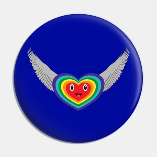 Cartoon of a heart with rainbow colors, flying Pin