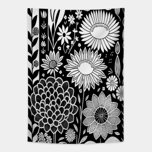 Black and White Floral Lino Print Tapestry