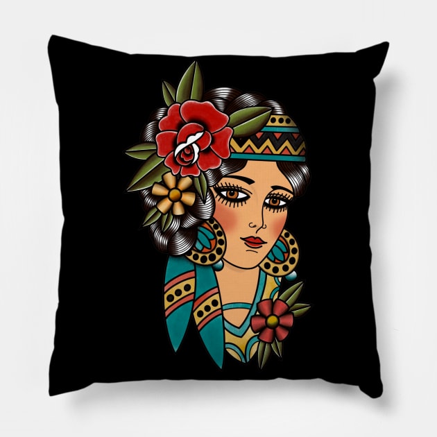 Gypsy Lady Head American Traditional Tattoo Design Pillow by Kraken Jack