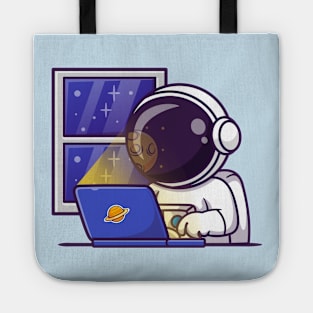 Cute Astronaut Working On Laptop In Space Cartoon Tote