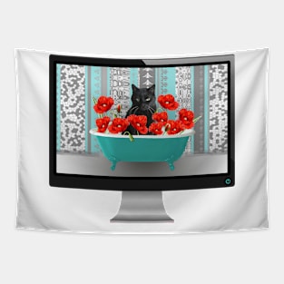 Black Cat Poppies Flowers Bathtub Tapestry