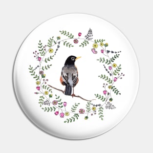 American Robin with whimsical flower wreath Pin