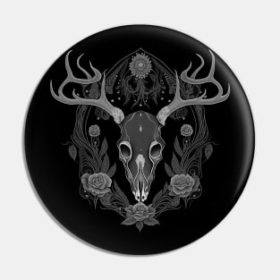 Ornate Gothic Deer Skull with Roses Pin