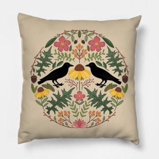 Summer’s End Black Crow And Wild Rose Folk Art Collage Pillow