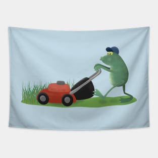 Funny green frog mowing lawn cartoon Tapestry