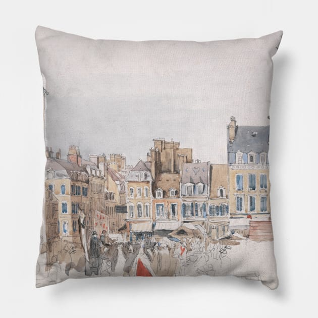 A French Market Place by David Cox Pillow by Classic Art Stall