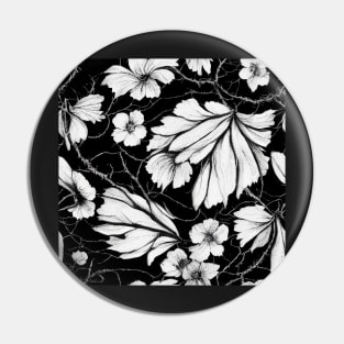 Black and White Vintage Floral Cottagecore Romantic Flower Peony Rose Leaf Design Pin