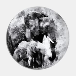 African Elephants with baby elephant calf - Black and White Watercolor Pin