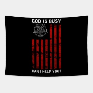 God Is Busy Can I Help You? - Satanic Baphomet Pentagram Tapestry