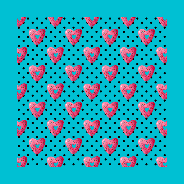 Pink plaid watercolor heart shaped donuts with polka dots on blue background by Ieva Li ART