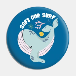 Safe our Surf quote with cute sea animal whale, starfish, coral and shell Pin