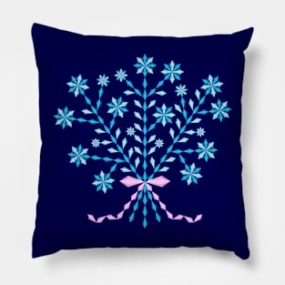 Winter blue flower bouquet with long pink ribbon, version five Pillow