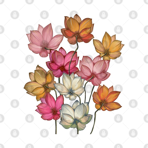 Hand drawn digital art of blooming lotus flowers. by Lewzy Design