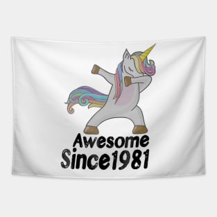 38th Birthday Gift Awesome Since 1981 Unicorn Dabbing Tapestry