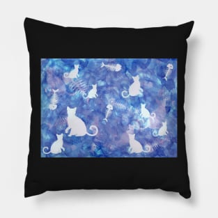 Blue Watercolor Cat and Fish Bone Painting Pillow