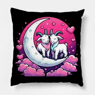 Valentine Goats Lovers Couple on Moon valentines day Pillow