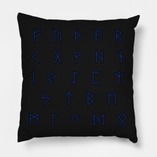 Futhark Rune Alphabet Stickers in Lightning Blue against the Night Dark Pillow