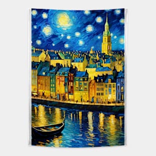 Starry night style city lake Tapestry