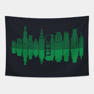 A city skyline +  a tree Tapestry