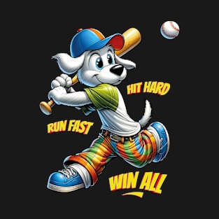 Youth Baseball Motivation Cartoon Dog Tee Hit Hard Run Fast Win All T-Shirt