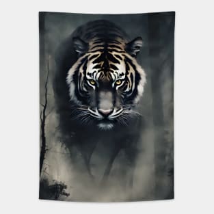 Tiger in the Foggy Dark Forest VIntage Art Tapestry