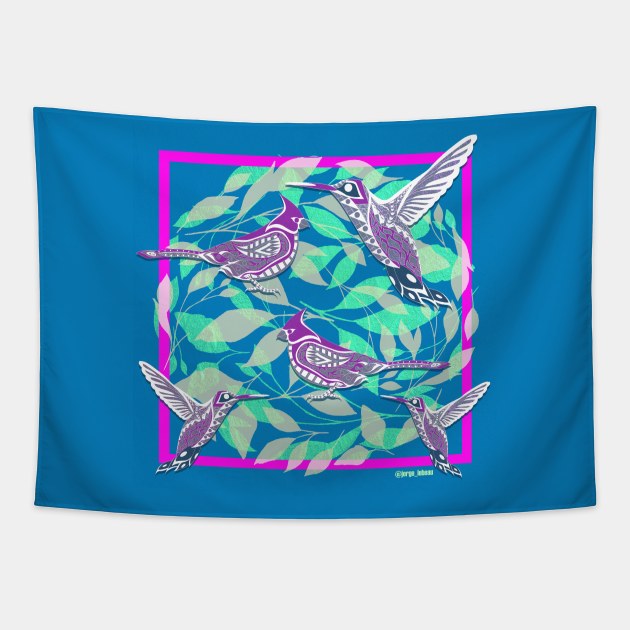 hummingbirds and blue cardinals in lovely arts ecopop Tapestry by jorge_lebeau