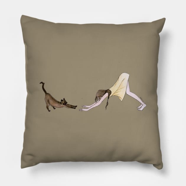 Natula Cat Yoga - girl and cat in "downward facing dog" yoga pose (Adho Mukha Svanasana) Pillow by natashakolton