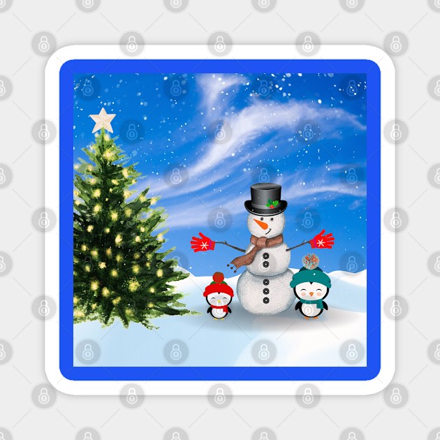 Cute Christmas snowman and penguins friends Magnet by MandySJ