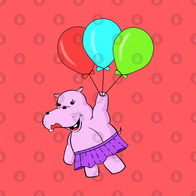 Cute Cartoon Hippo Flying With Balloons by Braznyc