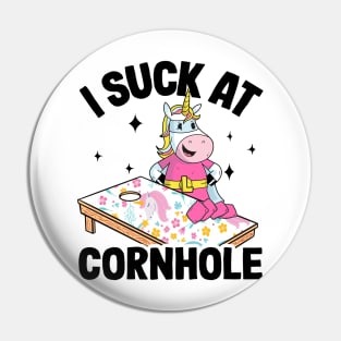 I Suck At Cornhole Loser Funny Sarcastic Joke Pink Unicorn Pin