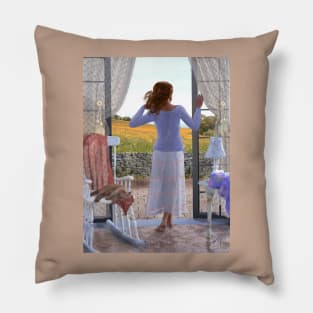 Woman looking out of window at meadow zen yoga buddhism Pillow