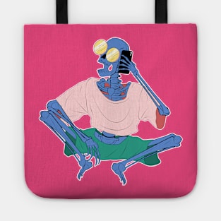 Blue Female Skeleton Using Smartphone Tote