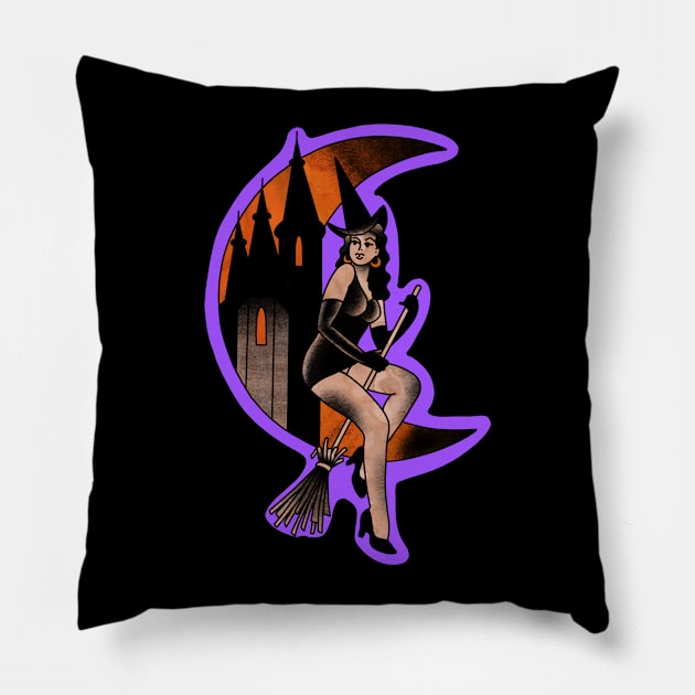 Traditional tattoo style Halloween witch pinup Pillow by LEEX337