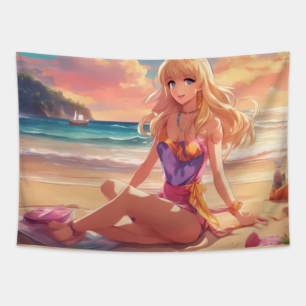 Otaku Approved Beach Anime Girl Collor View Tapestry by animegirlnft