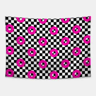 Checkers and Daisies (black-pink) Tapestry