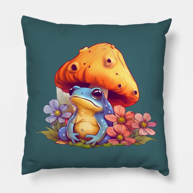 Cute Cottagecore Aesthetic Frog Mushroom Pillow by BaliChili