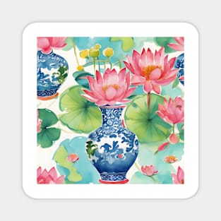 Waterlilies and chinoiserie jars watercolor painting Magnet