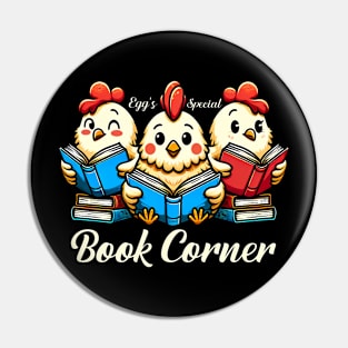Egg's special book corner - simple library scene with chickens reading Pin