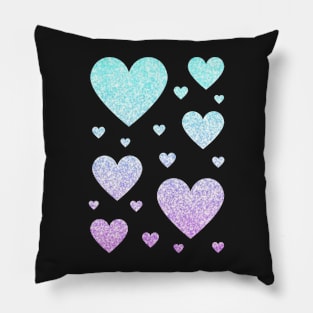 Pastel Blue and Purple Ombre Faux Glitter Hearts Pillow