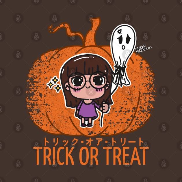 Kawaii Girl and the Unhappy Spirit: Halloween Charm on Pumpkin Background by InnerYou