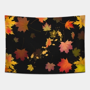 Autumn Scattered Leaf Design - Fall Leaves - Maple Leaves  - Autumn Colours - Black Background Tapestry