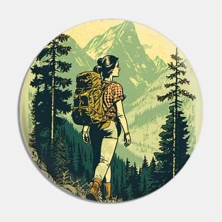 Woman Hiking in Forest Design, Adventure Mountain Pin