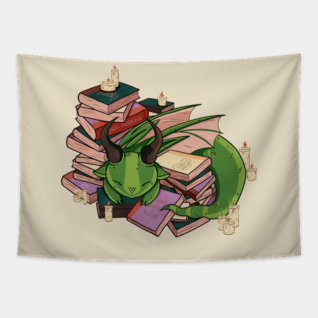 Aesthetic Sleeping Book Dragon – Cozy Reading Kawaii Design Tapestry by Z3phyrwind