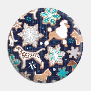 Catching ice and sweetness // pattern // navy blue background gingerbread white brown grey and dogs and snowflakes turquoise details Pin