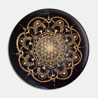 Flower of life mandala gold on black Pin