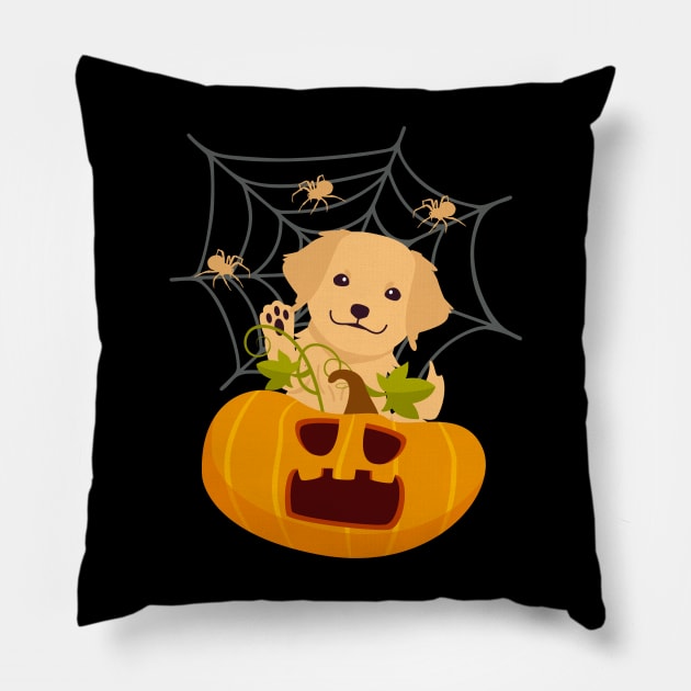 Golden Retriever Puppy in Spooky Halloween Pumpkin and Spider Web Pillow by Seasonal Dogs