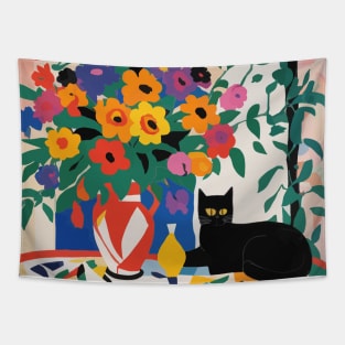 Black Cat Modern Still Life Painting Flowers in Red and White Geometric Vase Tapestry