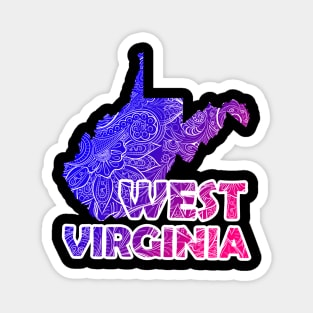 Colorful mandala art map of West Virginia with text in blue and violet Magnet