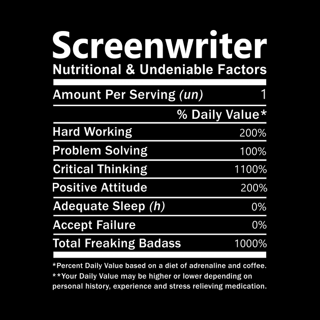 Screenwriter T Shirt - Nutritional and Undeniable Factors Gift Item Tee by Ryalgi