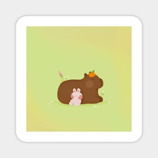 Relaxing capybara and rabbit Magnet